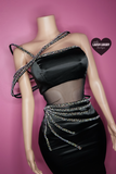 “Spiraling” black bling satin dress with 3D bling arm cuff/sleeve.