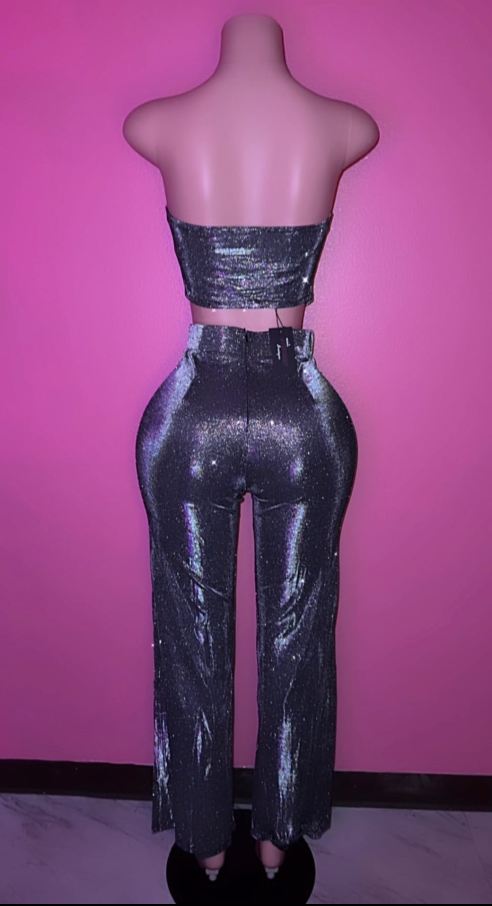 “Gata de noche” Dark grey glitter silver metallic set