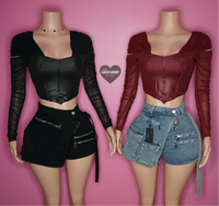 Longsleeve faux leather corset crop top