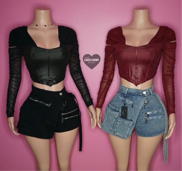Longsleeve faux leather corset crop top