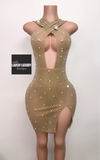 Nude bling + pearls cross top transparent dress tan