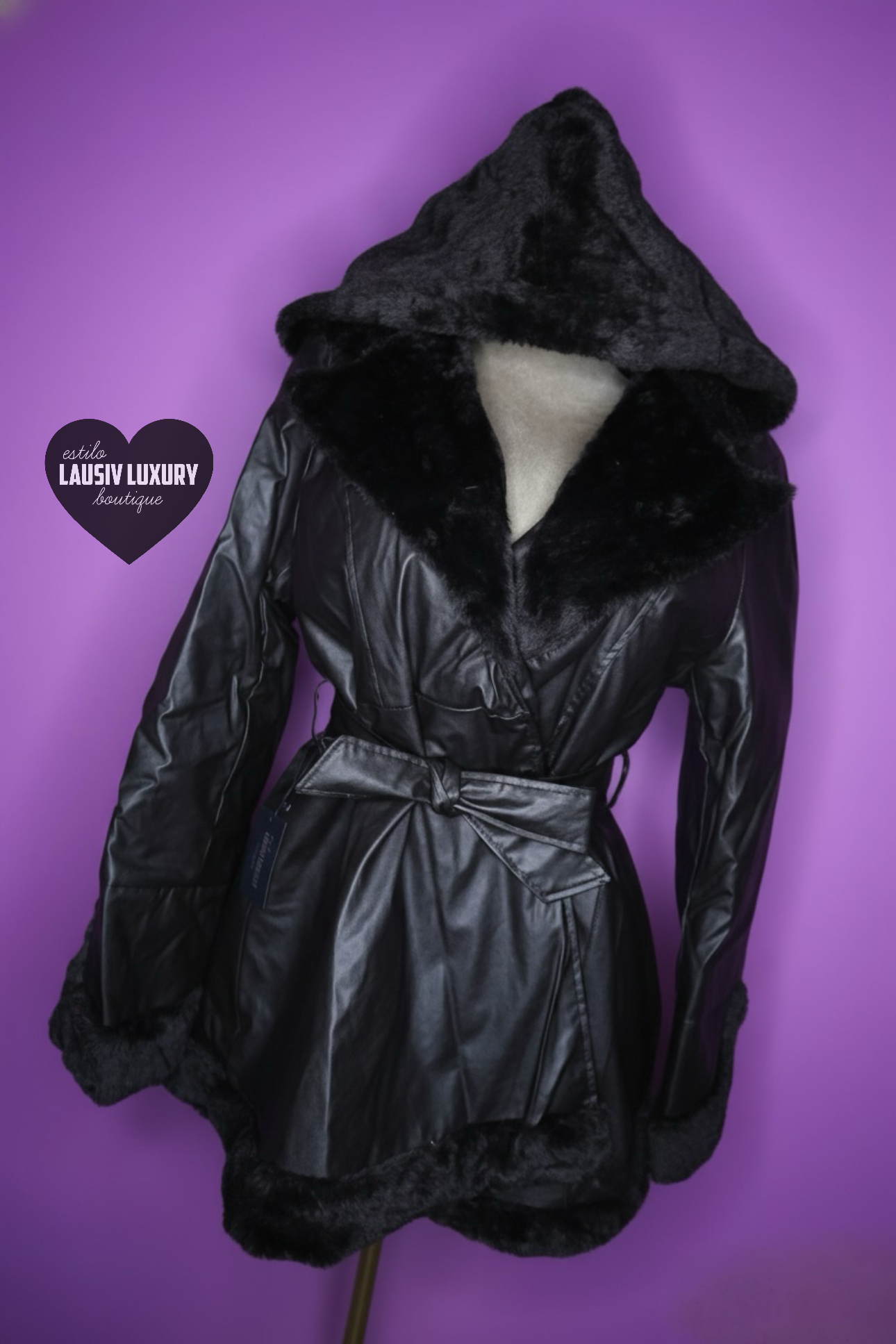 Faux leather coat with faux fur hood and trim