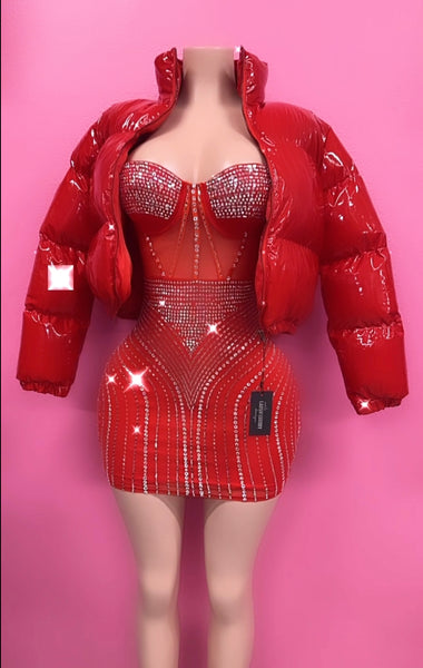 Bling corset style dress red & silver