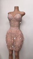 Bling, pearls, & feathers baby pink transparent dress