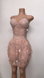 Bling, pearls, & feathers baby pink transparent dress