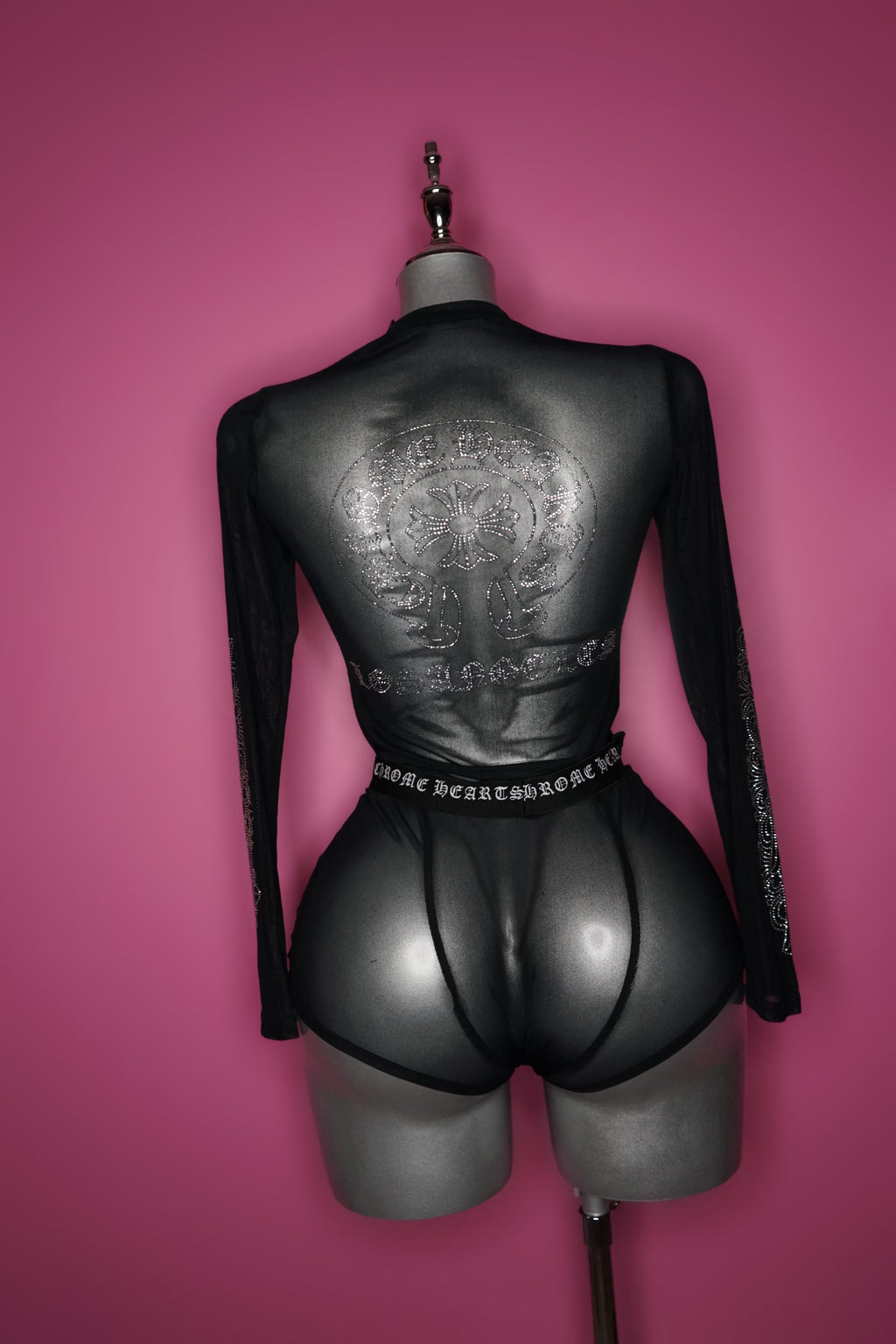C hearts black and silver bling rhinestone transparent top and short set