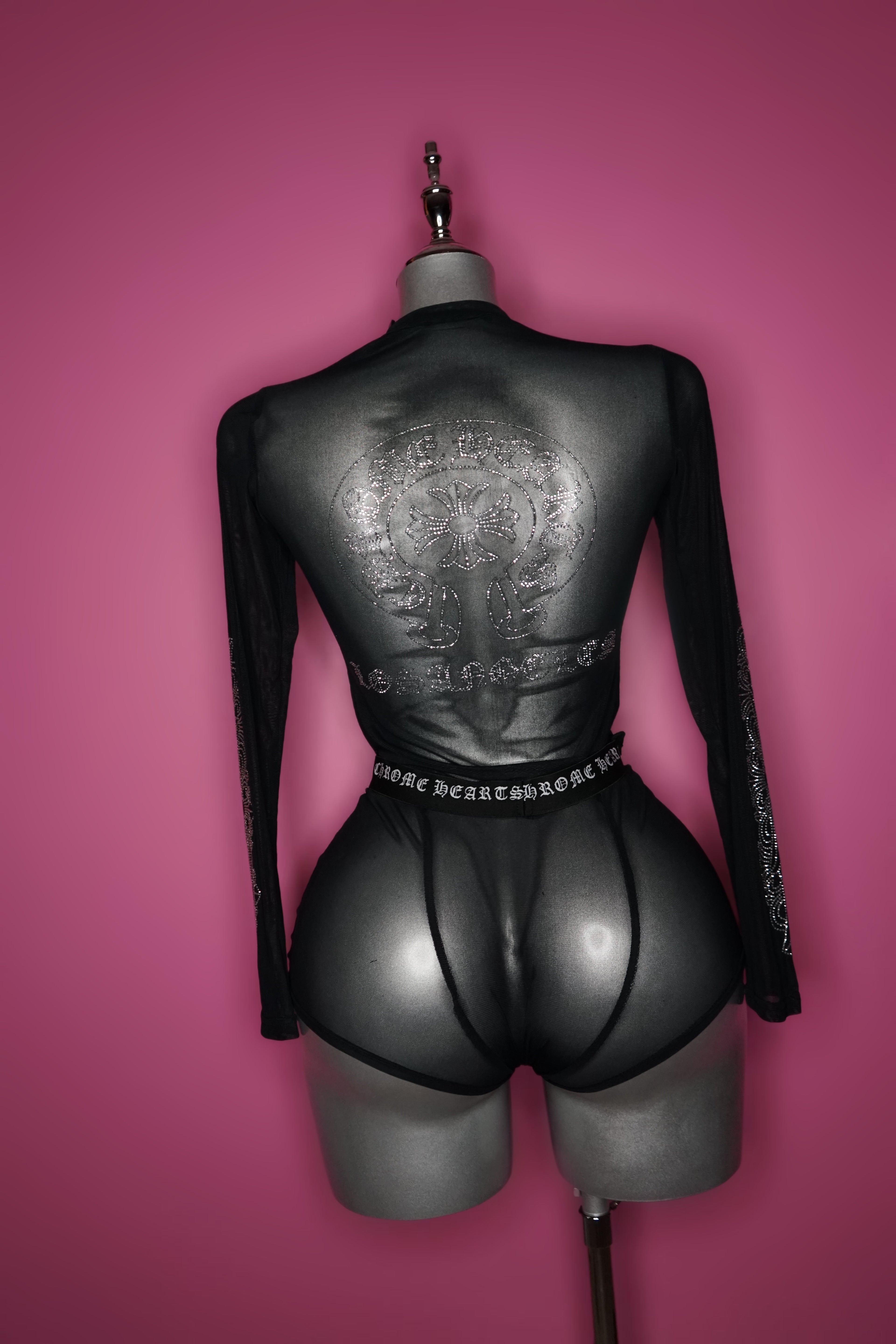 C hearts black and silver bling rhinestone transparent top and short set