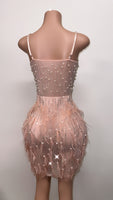 Bling, pearls, & feathers baby pink transparent dress