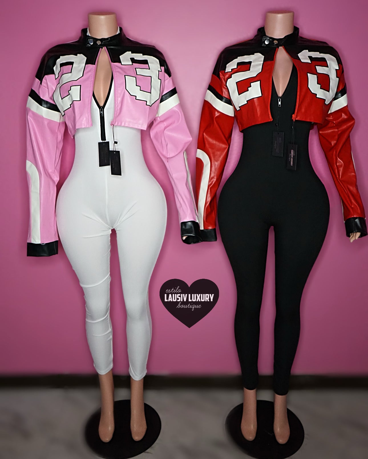 “23” cropped faux leather jacket