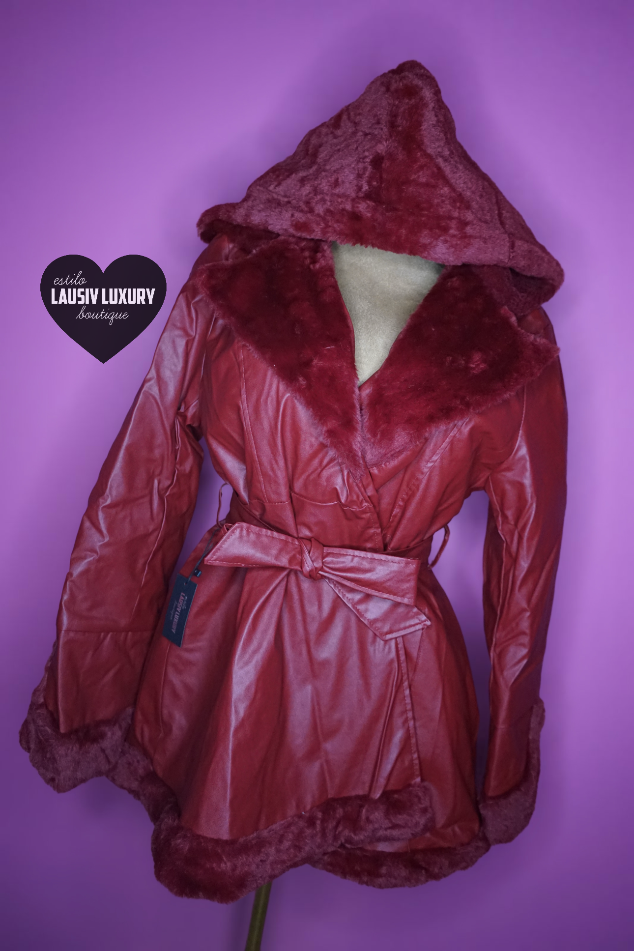 Faux leather coat with faux fur hood and trim