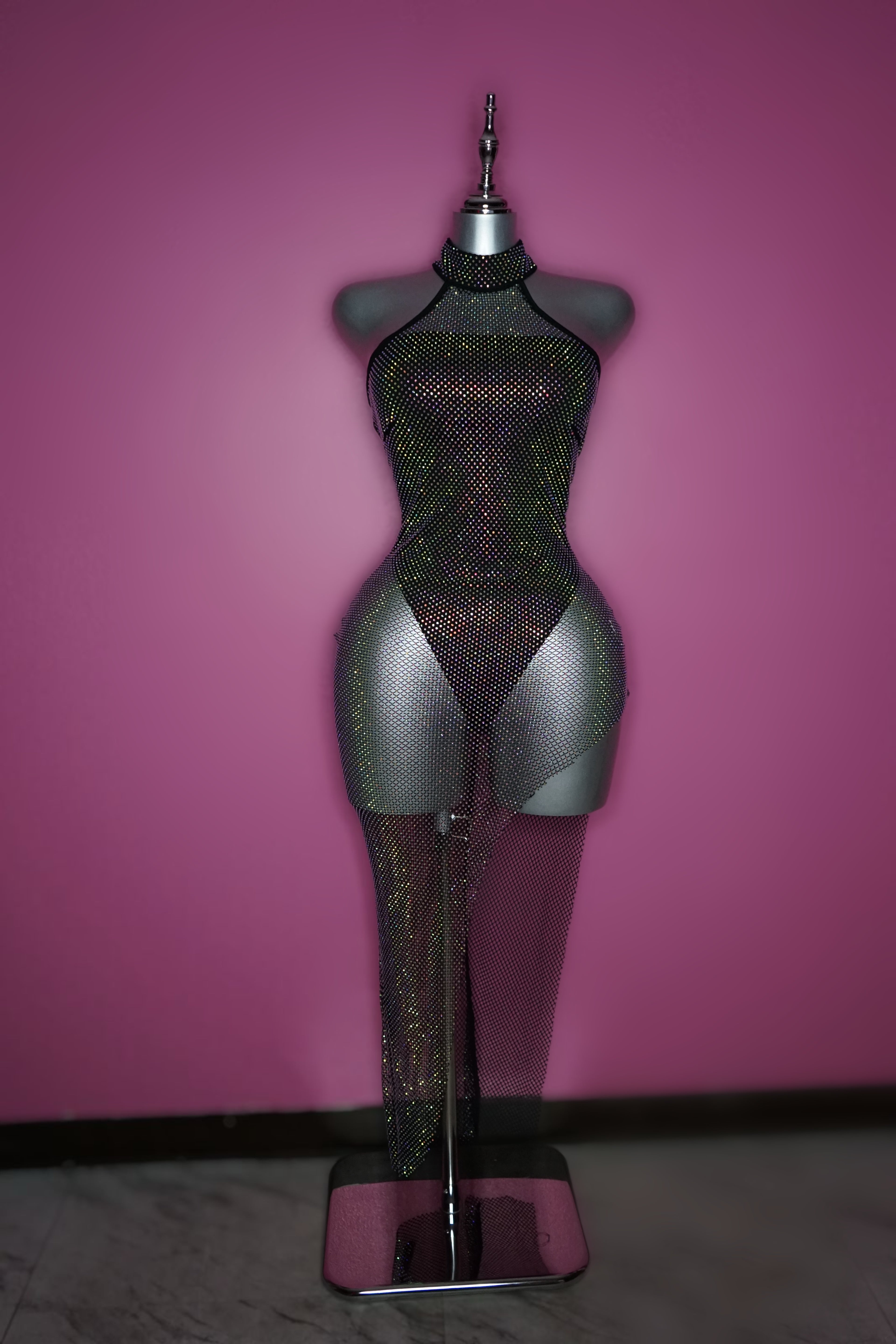 Black bling rhinestone mesh dress with black bodysuit set