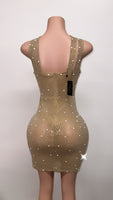 Nude bling + pearls cross top transparent dress tan