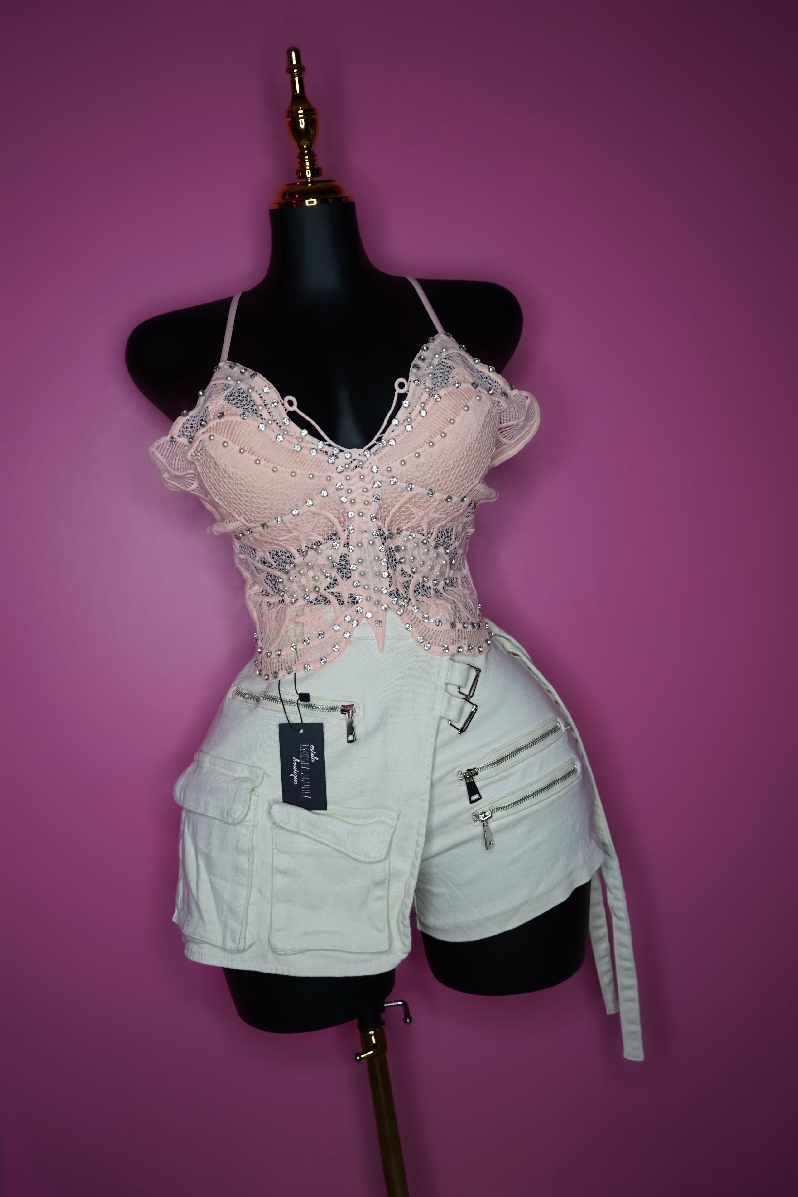 “Butterfly” Light pink lace top with bling embellishments