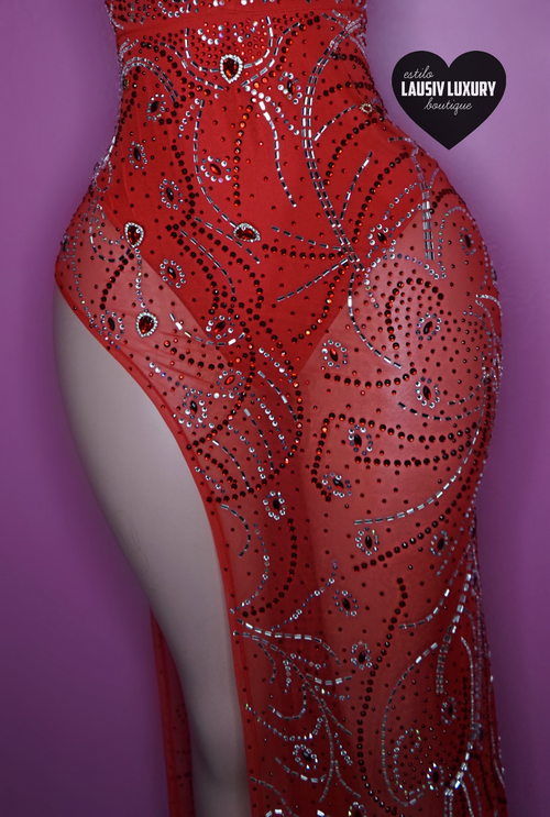 Red long bling exotica gala dress