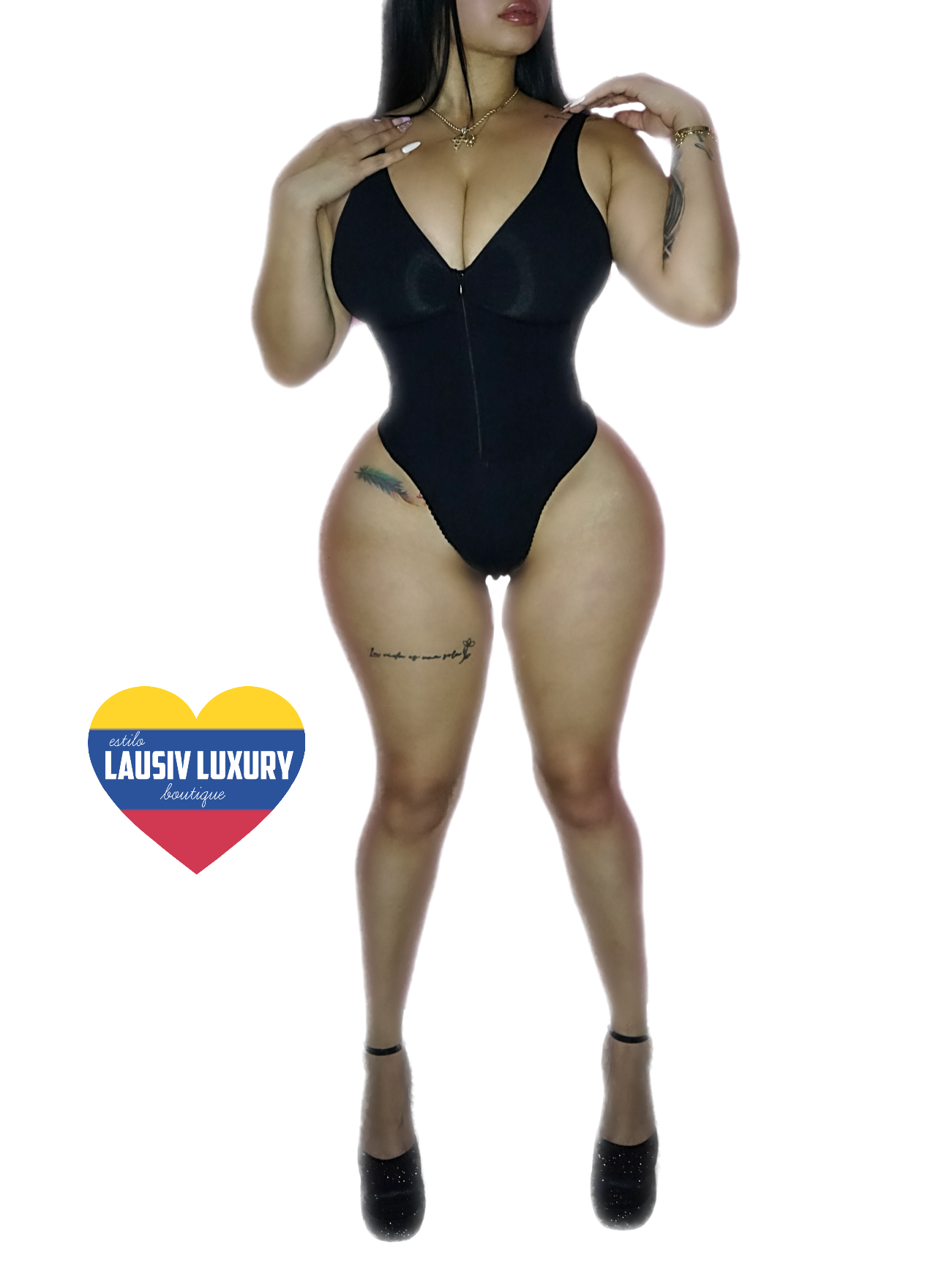 Thong High compression bodysuit with high compression, clips, & zipper.