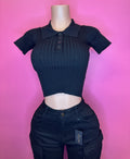 “Scholar” Black cropped button up ribbed top
