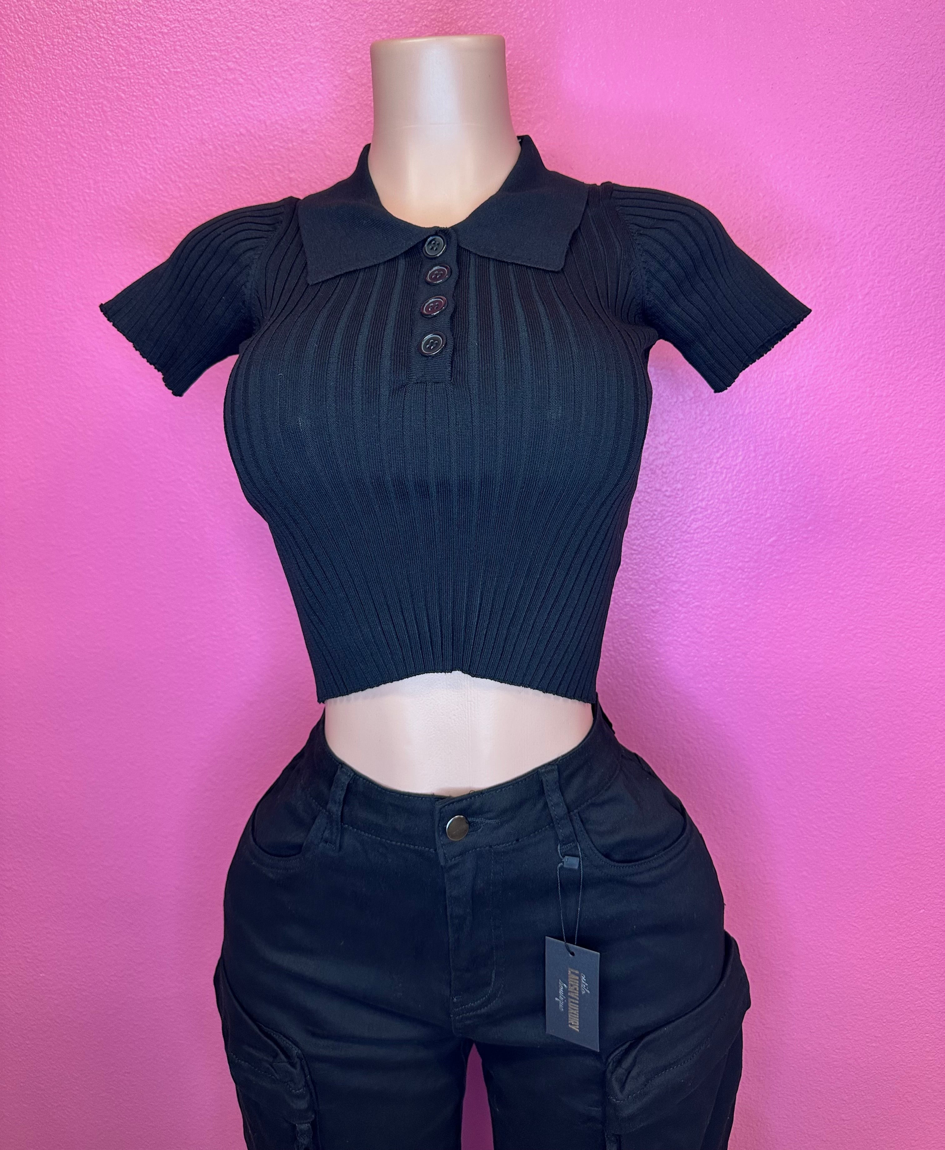 “Scholar” Black cropped button up ribbed top