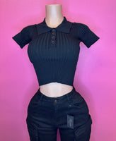 “Scholar” Black cropped button up ribbed top