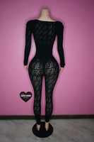 “KK” Black fleece pattern jumpsuit full body transparent