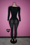 “KK” Black fleece pattern jumpsuit full body transparent