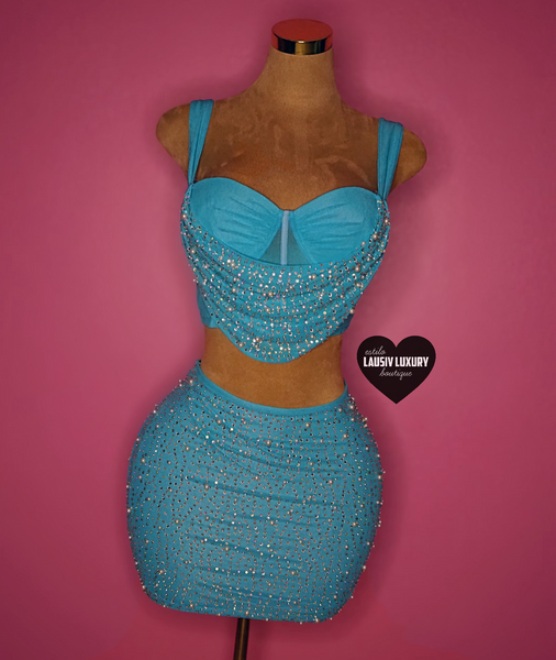 “Mar” blue bling & embellished top & skirt set
