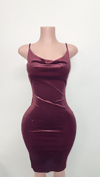 “Burgundy babe” glitter velour dress
