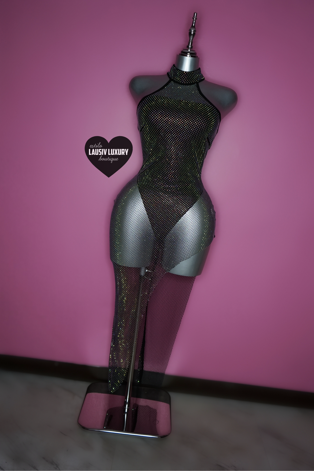 Black bling rhinestone mesh dress with black bodysuit set