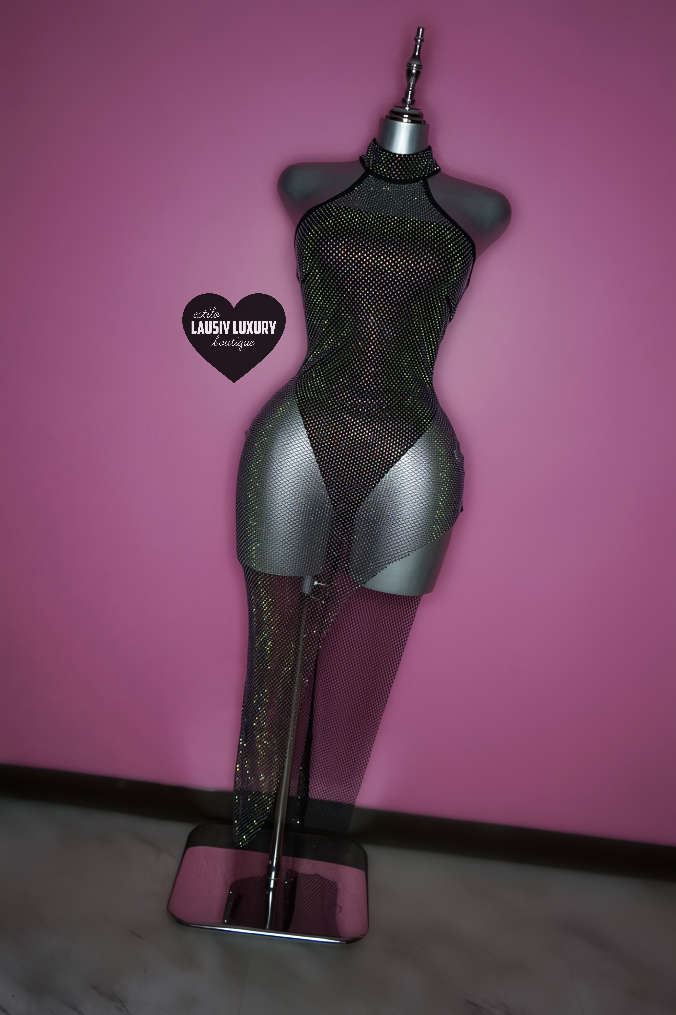 Black bling rhinestone mesh dress with black bodysuit set