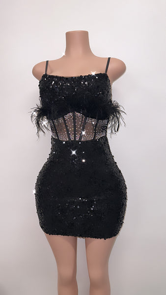 Black sequin & fur bling corset style dress