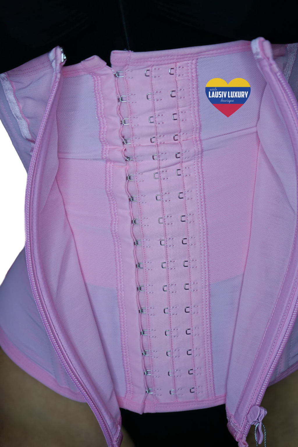 Pink deluxe hourglass ⏳ faja colombiana 🇨🇴 vest chaleco with 3 rows of hooks 🪝 + zipper, senos libres
