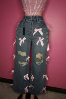 “Coquette pink bow 🎀” denim jeans 👖 with distress