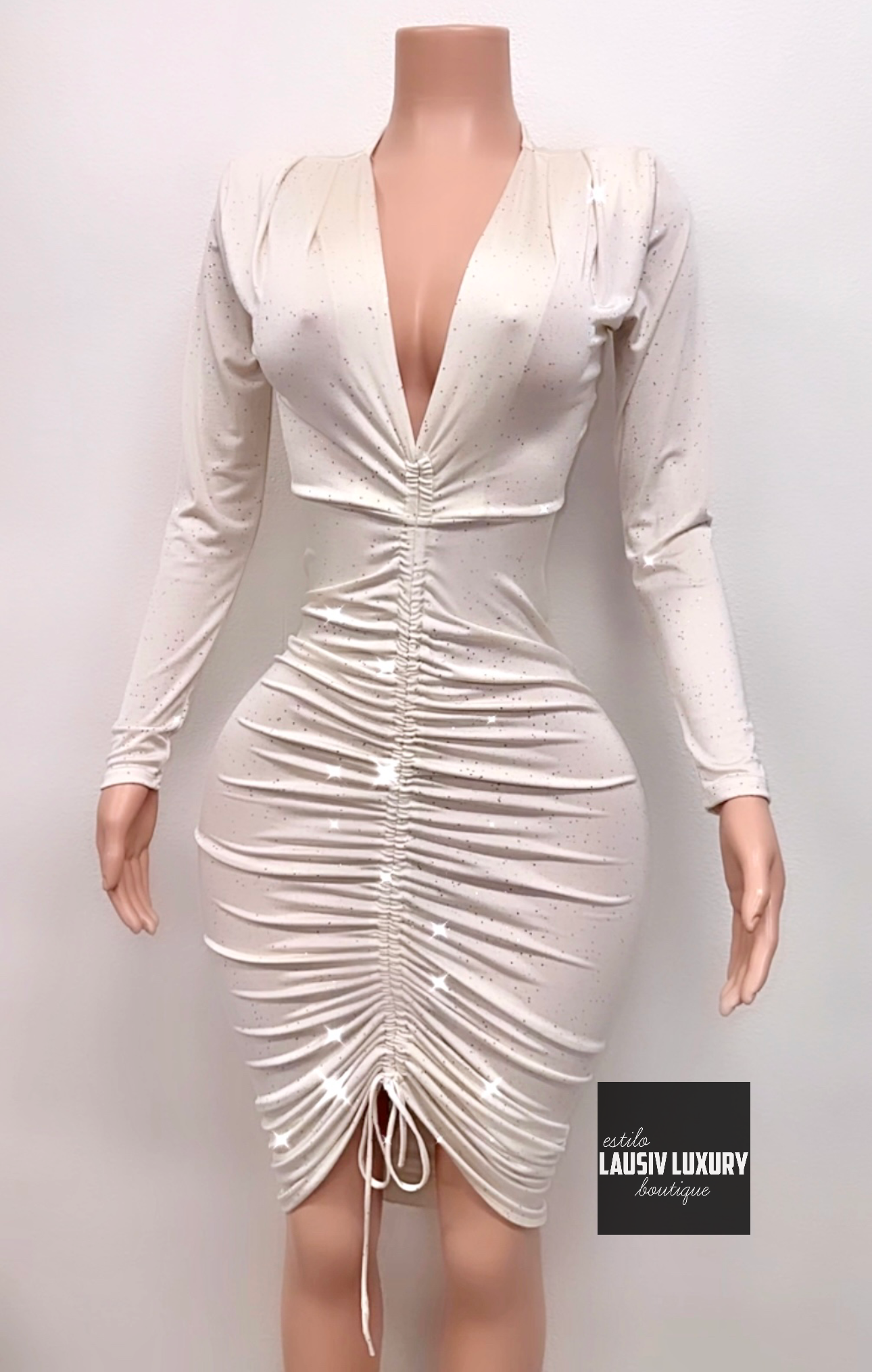 Small White scrunched v neck dress with multicolor glitter long sleeve