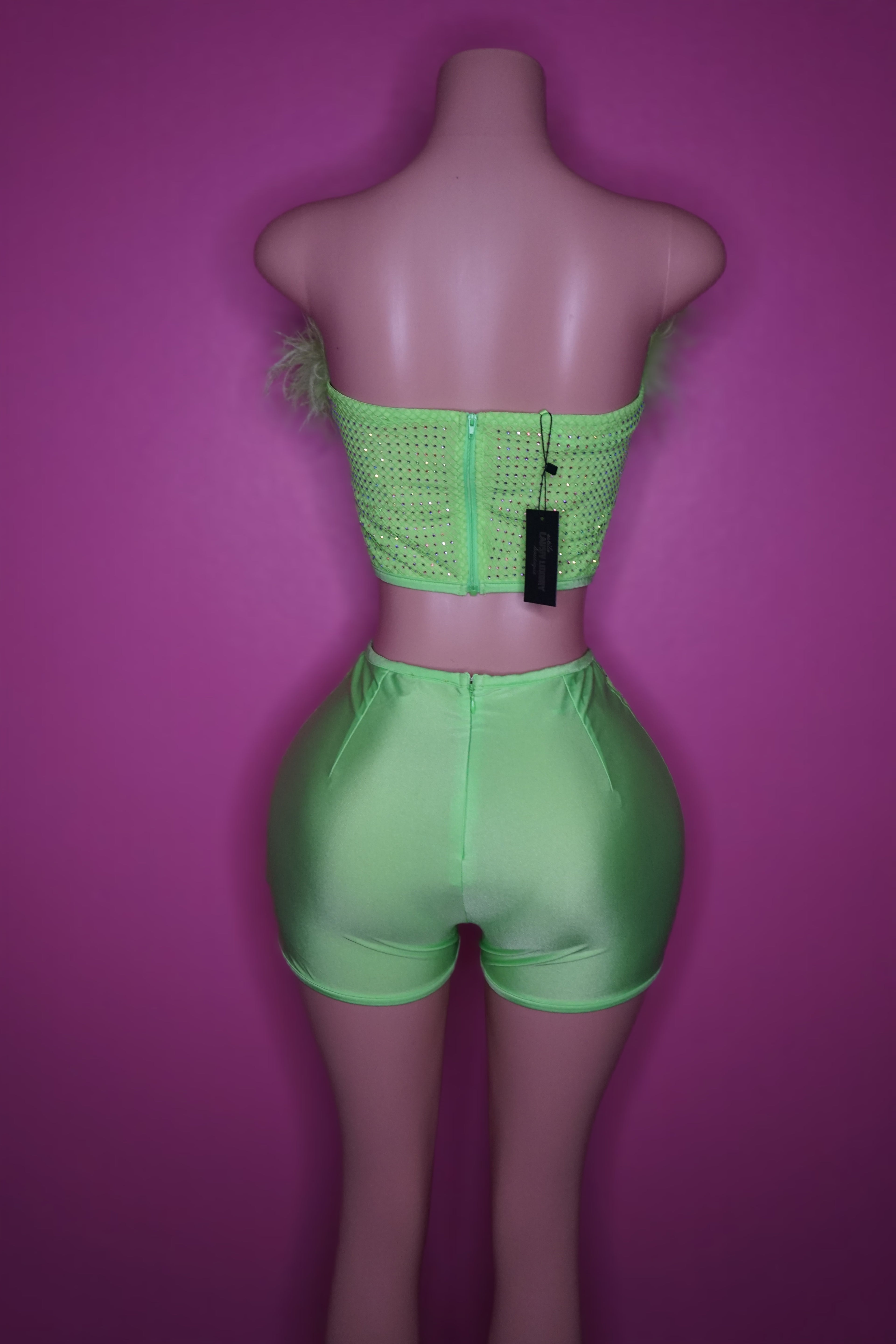 Green bling & fur crop top + short set