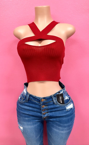 Red cutout sweater croptop