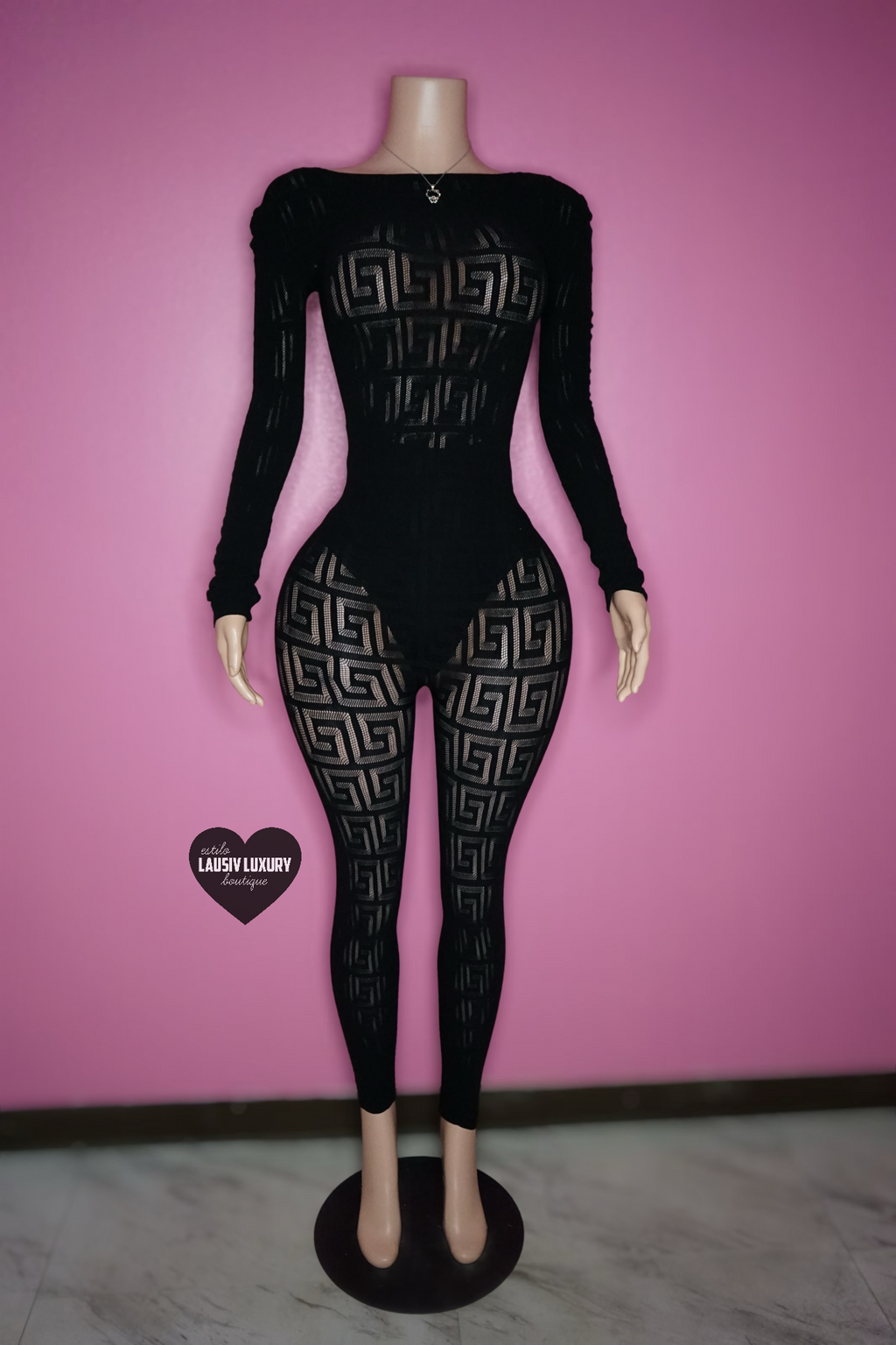 “KK” Black fleece pattern jumpsuit full body transparent