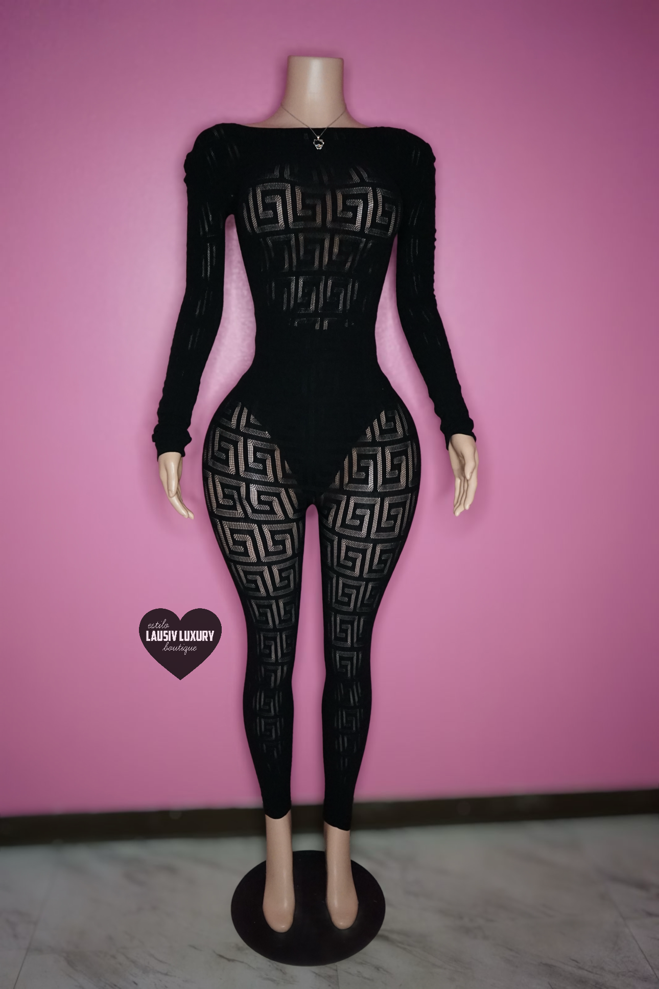 “KK” Black fleece pattern jumpsuit full body transparent