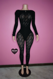 “KK” Black fleece pattern jumpsuit full body transparent