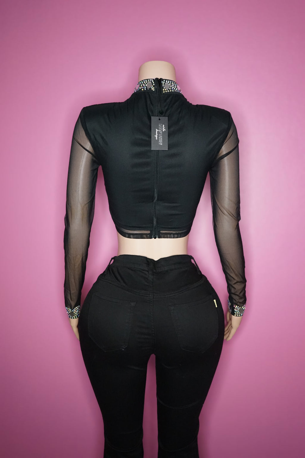 “Shinging stars” black & silver bling/mirror longsleeve crop top