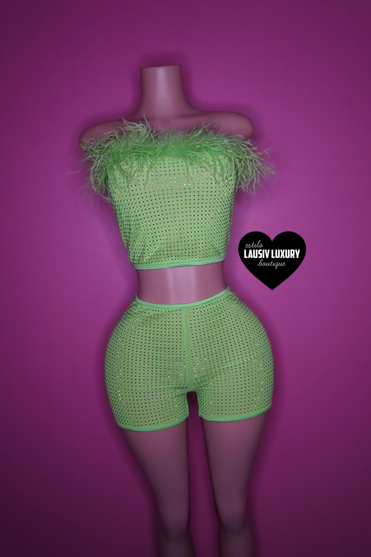 Green bling & fur crop top + short set