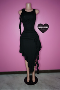 Black ruffle fringe trim split dress with 3D rose flower detail.