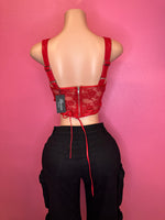 “Bandida” red lace + faux leather top