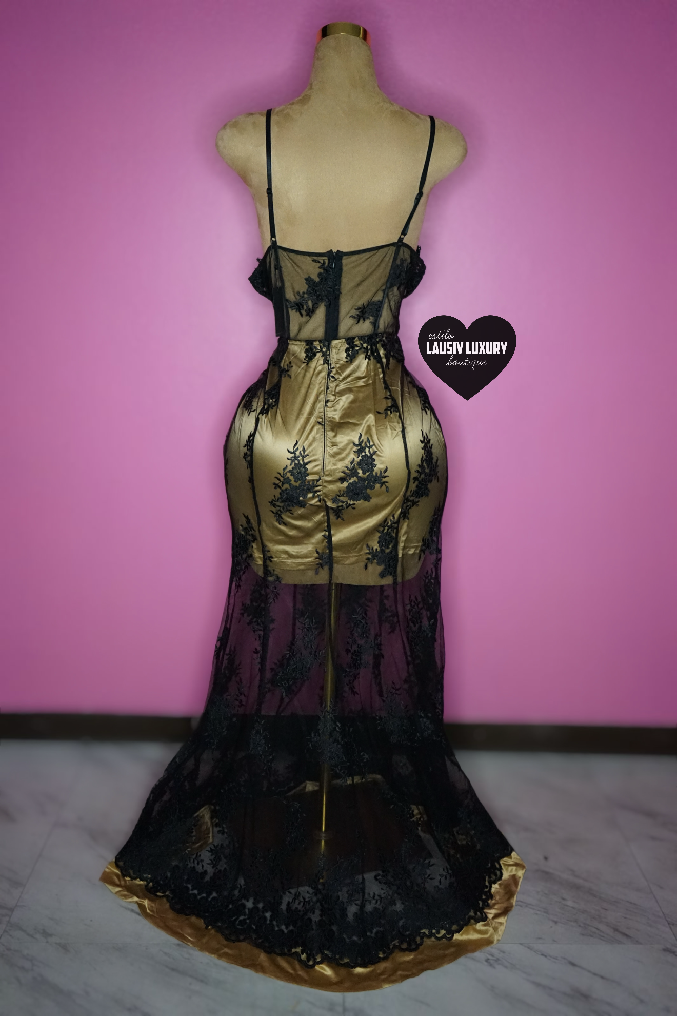 Black and gold lace floral pattern dress