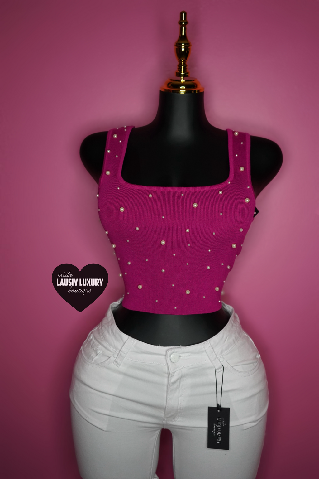 Pink magenta knit top with pearls