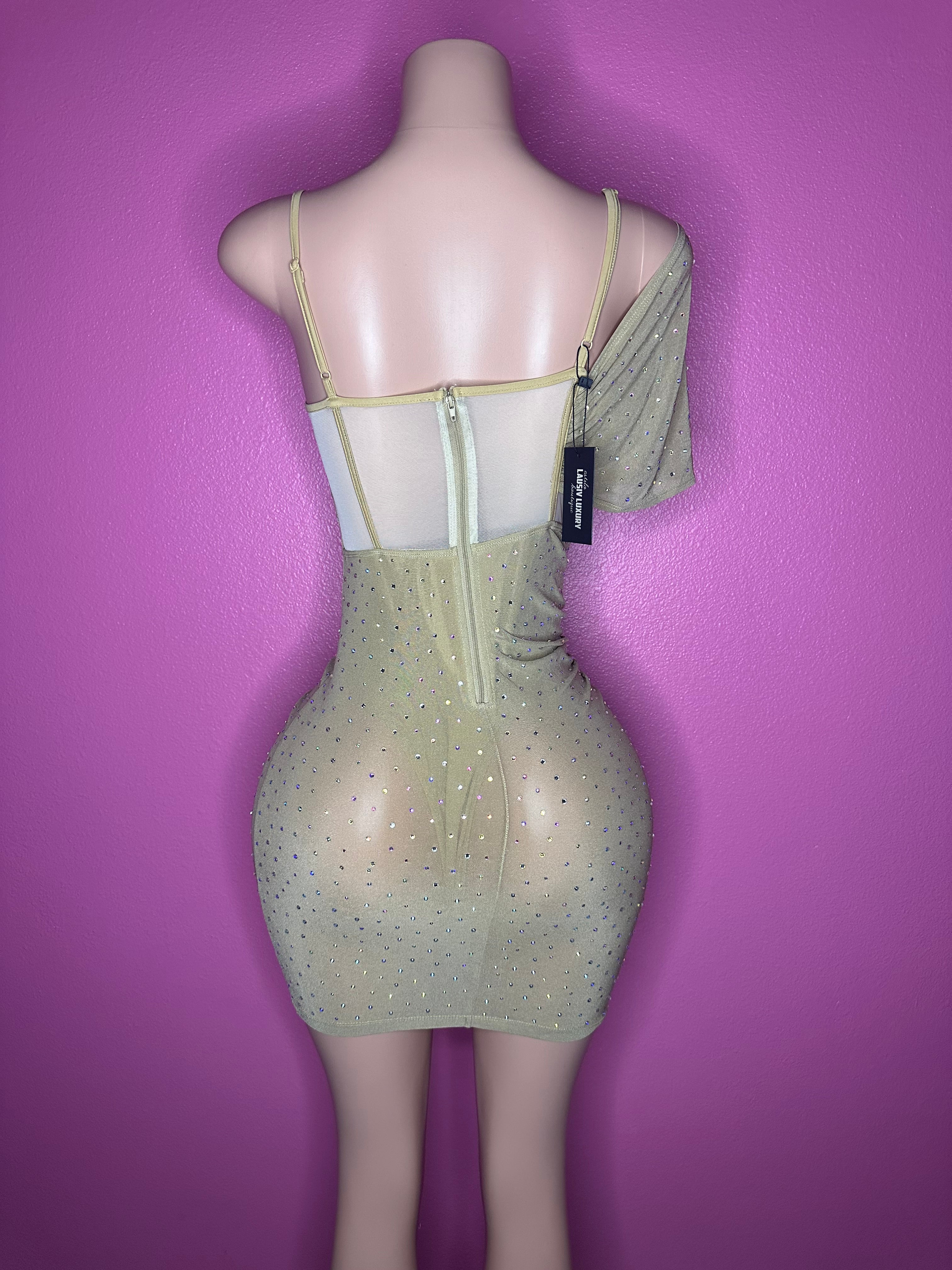 “Love nudes” bling tan semi- transparent dress