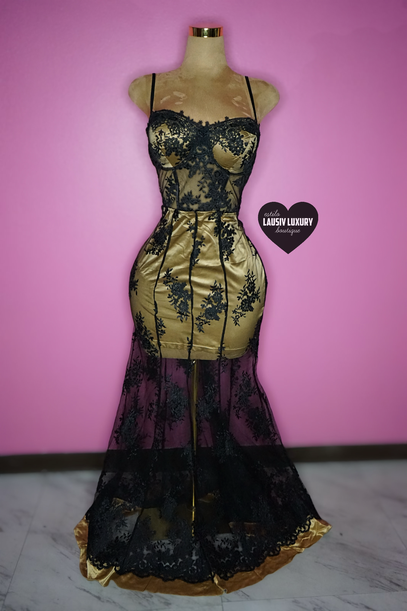 Black and gold lace floral pattern dress