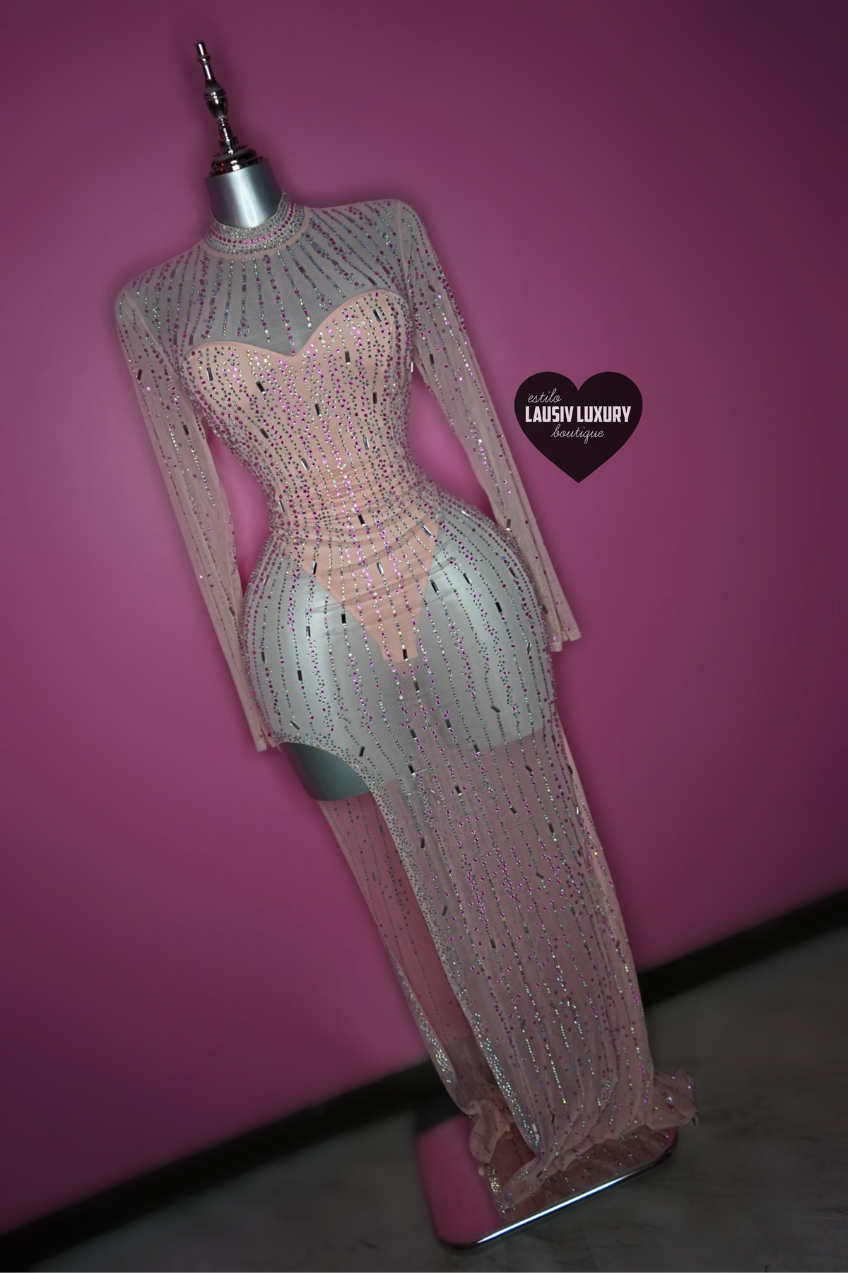 Light pink multicolor bling longsleeve dress