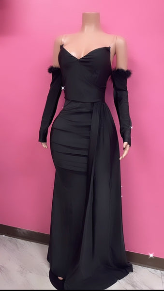 “Classic” long black dress with fur arm cuffs