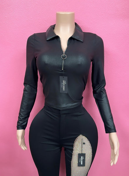 Black cropped half zip leather top long sleeve