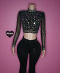 “Shinging stars” black & silver bling/mirror longsleeve crop top