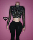 “Shinging stars” black & silver bling/mirror longsleeve crop top
